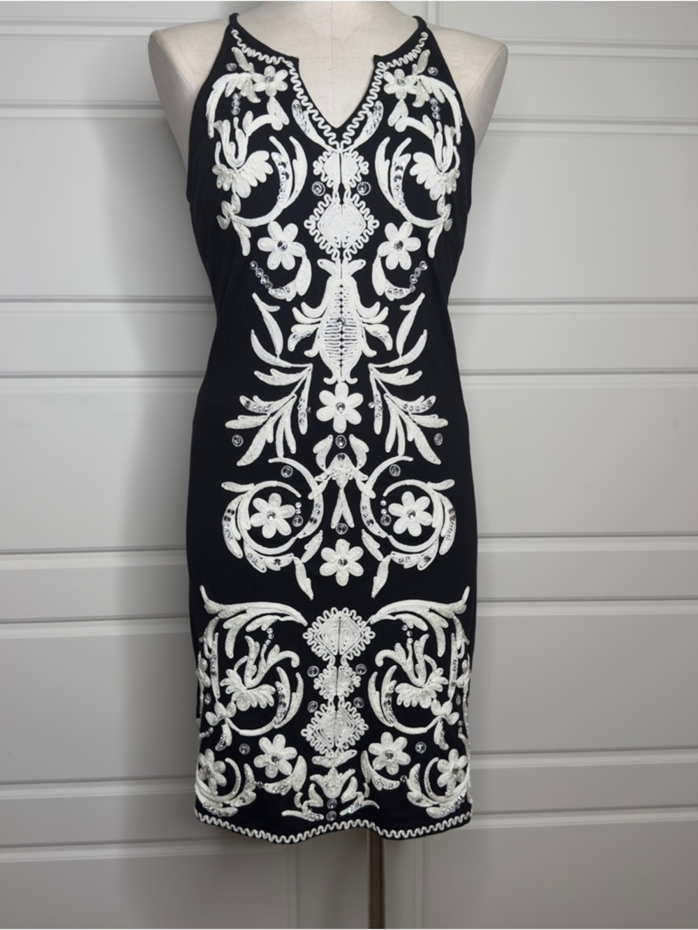 INC International Concepts Black Midi Dress with White Embroidered Floral Design